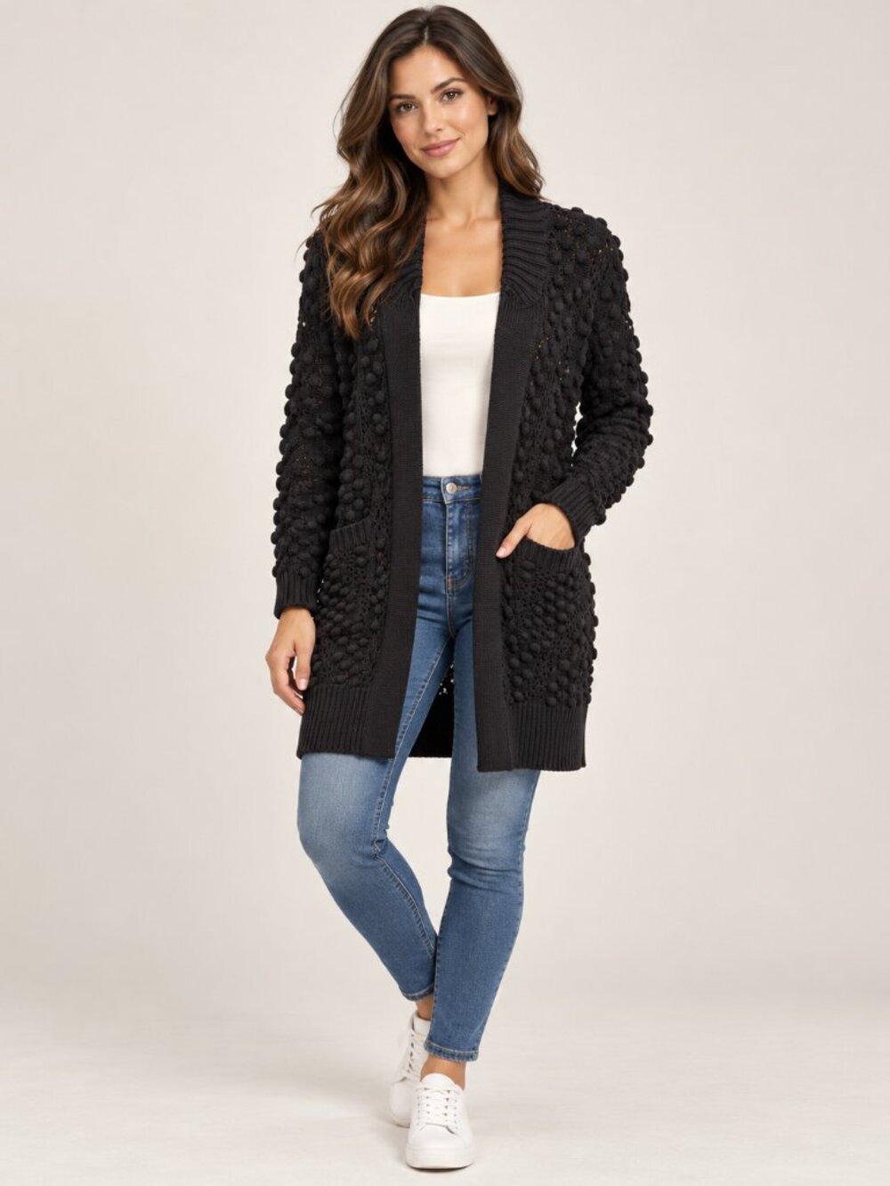 Kinross Black Textured Bobble Knit Open Front Long Cardigan Sweater Size Medium